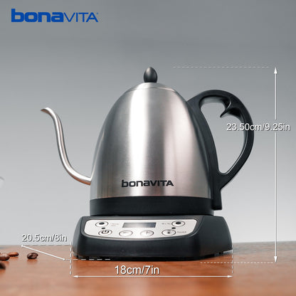 Bonavita Classic 1.0L Gooseneck Precision Temperature Electric Kettle| Coffee Brew and Tea, 1200 Watt, LED Panel, Stainless Steel