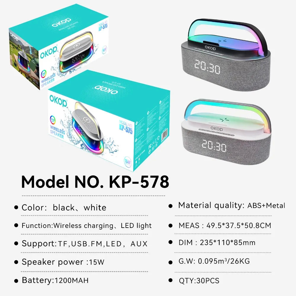 Multi-Function Bluetooth Speakers with Alarm Clock, Wireless Charger, RGB Night Light, and White Noise Audio - Portable Design