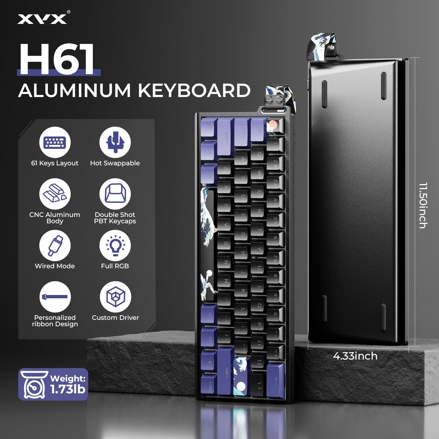XVX H61 Kanagawa 60% CNC Aluminum Hot-Swappable Wired Mechanical Keyboard