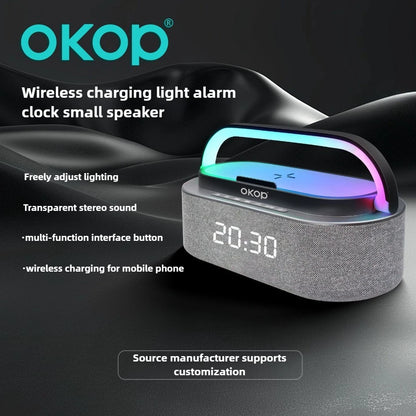 Multi-Function Bluetooth Speakers with Alarm Clock, Wireless Charger, RGB Night Light, and White Noise Audio - Portable Design