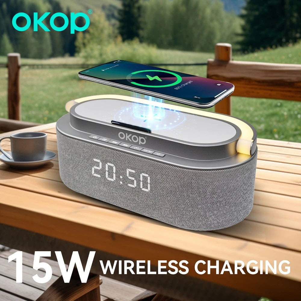 Multi-Function Bluetooth Speakers with Alarm Clock, Wireless Charger, RGB Night Light, and White Noise Audio - Portable Design