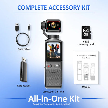 4K Pocket Camera, 64GB Memory Card, Pocket POV Camera, Bodycam, Vlogging Camera,Pocket Camera, Video and Audio Recording Camera, 270° Motorized Rotating Lens, EIS Stabilization for Travel,
