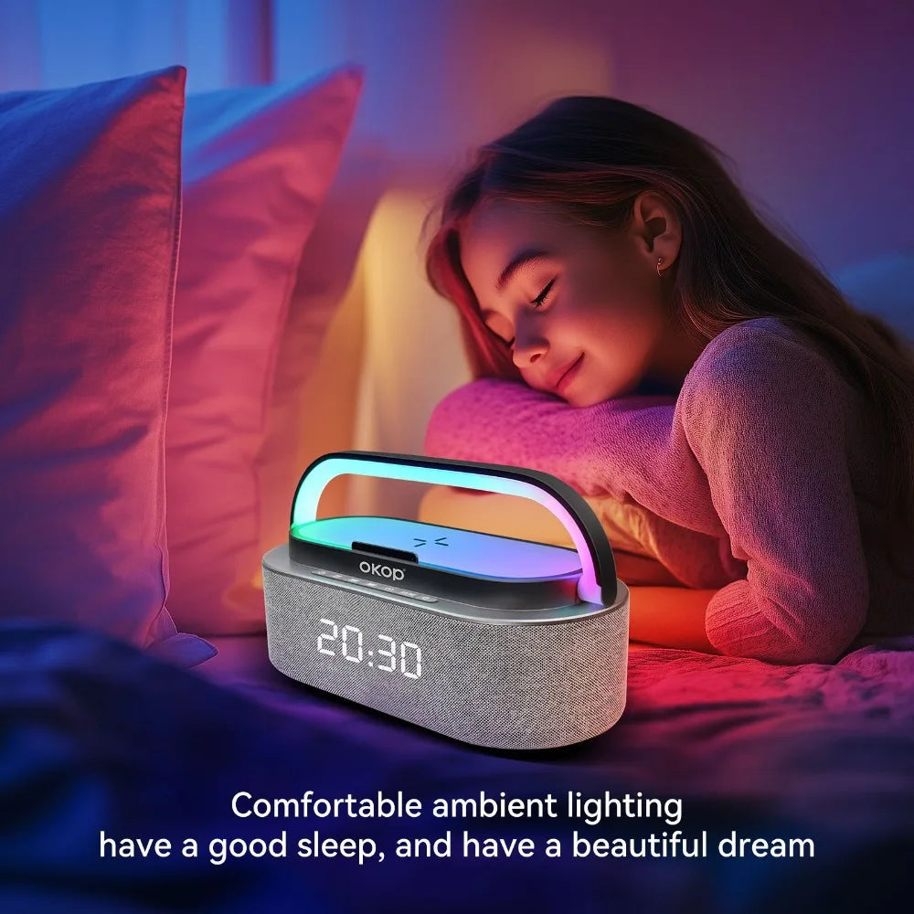Multi-Function Bluetooth Speakers with Alarm Clock, Wireless Charger, RGB Night Light, and White Noise Audio - Portable Design
