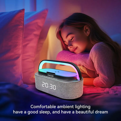 Multi-Function Bluetooth Speakers with Alarm Clock, Wireless Charger, RGB Night Light, and White Noise Audio - Portable Design