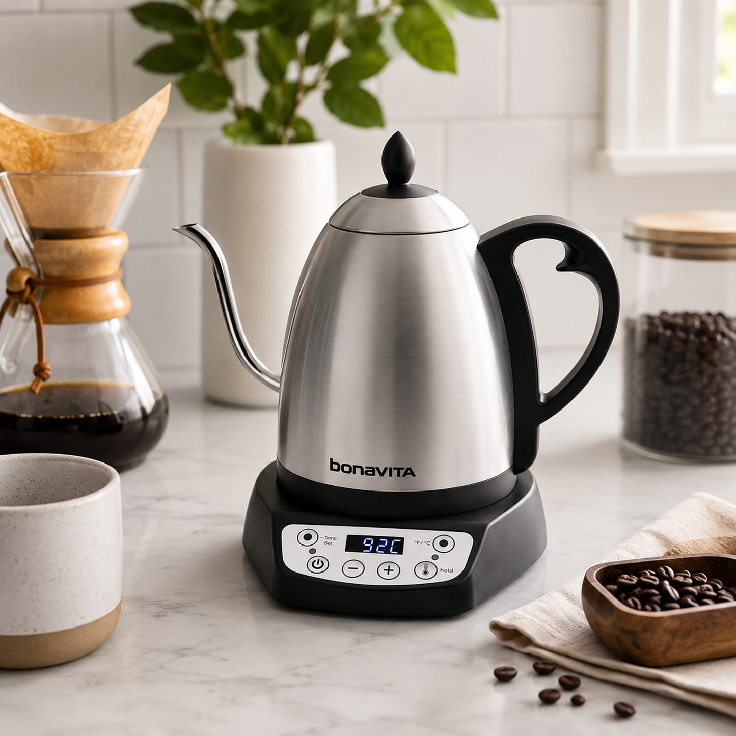 Bonavita Classic 1.0L Gooseneck Precision Temperature Electric Kettle| Coffee Brew and Tea, 1200 Watt, LED Panel, Stainless Steel