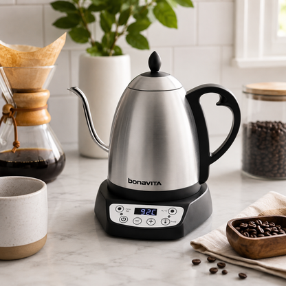 Bonavita Classic 1.0L Gooseneck Precision Temperature Electric Kettle| Coffee Brew and Tea, 1200 Watt, LED Panel, Stainless Steel