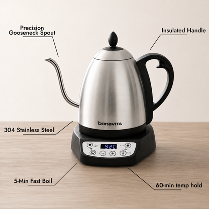 Bonavita Classic 1.0L Gooseneck Precision Temperature Electric Kettle| Coffee Brew and Tea, 1200 Watt, LED Panel, Stainless Steel