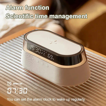 Transform Your Space with the 6-In-1 Smart Alarm Clock: Wireless Charger, Bluetooth Speaker, FM Radio, Dual Alarm, USB Charger & RGB Night Light