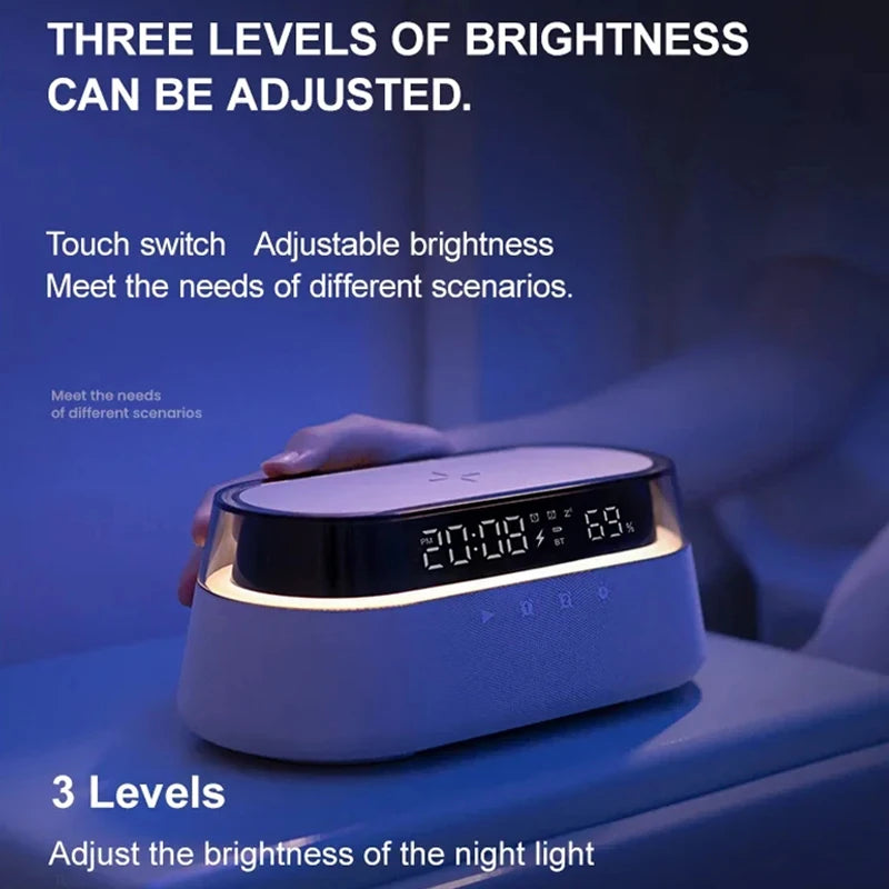 Transform Your Space with the 6-In-1 Smart Alarm Clock: Wireless Charger, Bluetooth Speaker, FM Radio, Dual Alarm, USB Charger & RGB Night Light