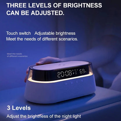 Transform Your Space with the 6-In-1 Smart Alarm Clock: Wireless Charger, Bluetooth Speaker, FM Radio, Dual Alarm, USB Charger & RGB Night Light