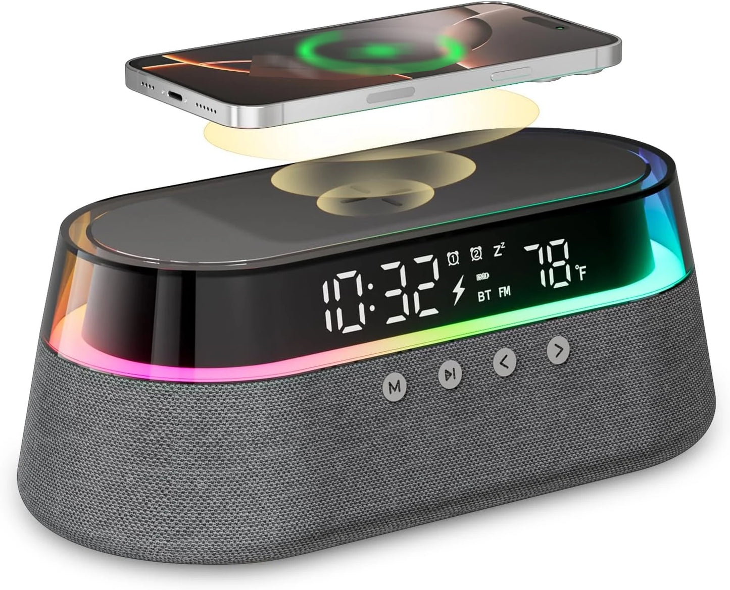 Transform Your Space with the 6-In-1 Smart Alarm Clock: Wireless Charger, Bluetooth Speaker, FM Radio, Dual Alarm, USB Charger & RGB Night Light