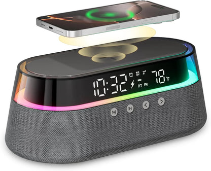 Transform Your Space with the 6-In-1 Smart Alarm Clock: Wireless Charger, Bluetooth Speaker, FM Radio, Dual Alarm, USB Charger & RGB Night Light
