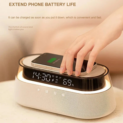 Transform Your Space with the 6-In-1 Smart Alarm Clock: Wireless Charger, Bluetooth Speaker, FM Radio, Dual Alarm, USB Charger & RGB Night Light
