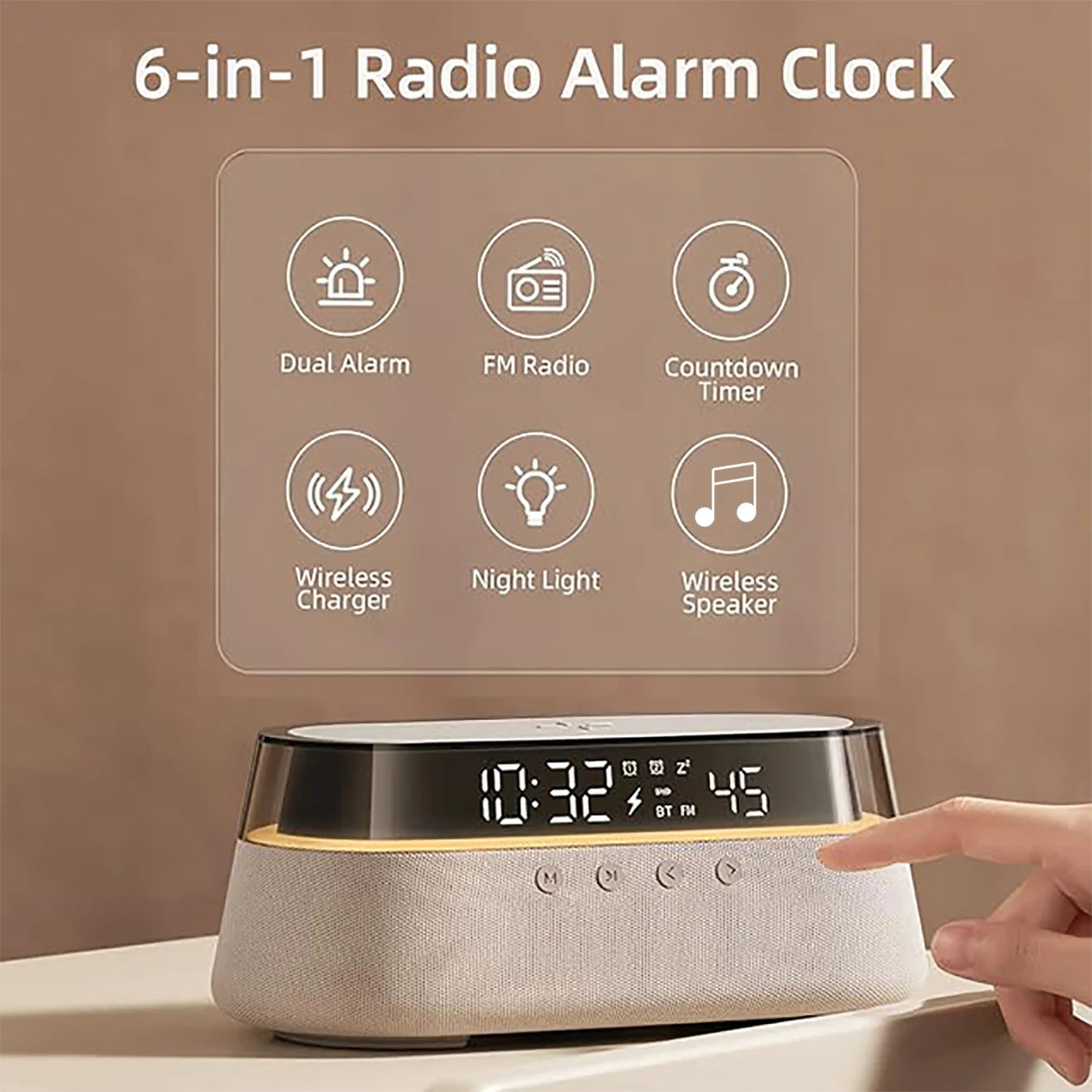 Transform Your Space with the 6-In-1 Smart Alarm Clock: Wireless Charger, Bluetooth Speaker, FM Radio, Dual Alarm, USB Charger & RGB Night Light