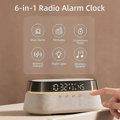 Transform Your Space with the 6-In-1 Smart Alarm Clock: Wireless Charger, Bluetooth Speaker, FM Radio, Dual Alarm, USB Charger & RGB Night Light