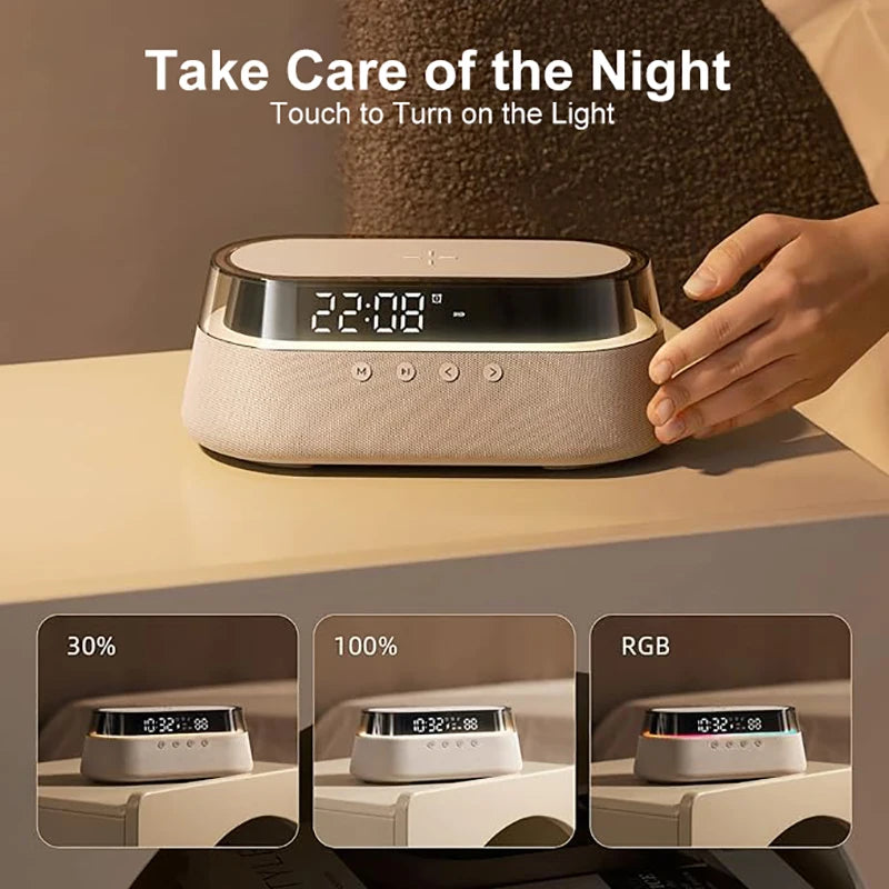 Transform Your Space with the 6-In-1 Smart Alarm Clock: Wireless Charger, Bluetooth Speaker, FM Radio, Dual Alarm, USB Charger & RGB Night Light