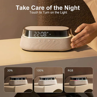 Transform Your Space with the 6-In-1 Smart Alarm Clock: Wireless Charger, Bluetooth Speaker, FM Radio, Dual Alarm, USB Charger & RGB Night Light
