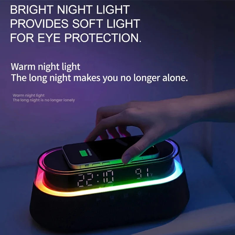 Transform Your Space with the 6-In-1 Smart Alarm Clock: Wireless Charger, Bluetooth Speaker, FM Radio, Dual Alarm, USB Charger & RGB Night Light
