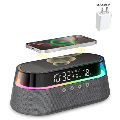 Transform Your Space with the 6-In-1 Smart Alarm Clock: Wireless Charger, Bluetooth Speaker, FM Radio, Dual Alarm, USB Charger & RGB Night Light