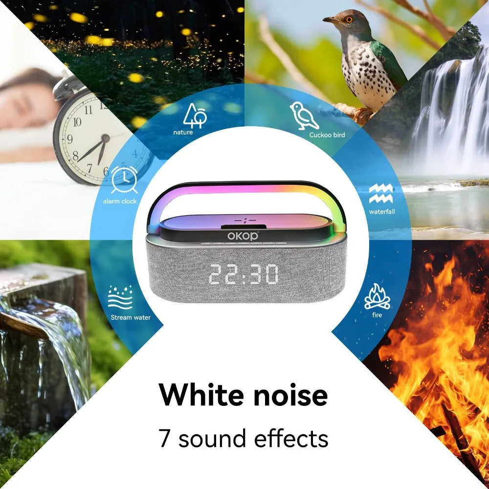 Multi-Function Bluetooth Speakers with Alarm Clock, Wireless Charger, RGB Night Light, and White Noise Audio - Portable Design
