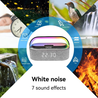 Multi-Function Bluetooth Speakers with Alarm Clock, Wireless Charger, RGB Night Light, and White Noise Audio - Portable Design