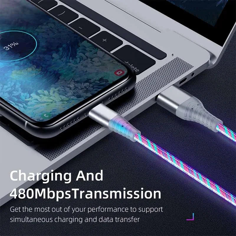 Illuminate Your Charging Experience with the 5A Fast Charging Flow Luminous USB Type C Cable - Perfect for Samsung, Xiaomi, and iPhone!